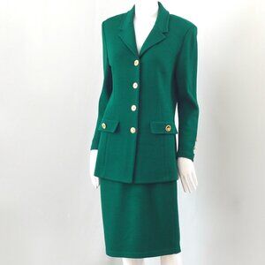 St. John By Marie Gray Wool Blend Suit With Gold Buttons & Long Jacket - USA